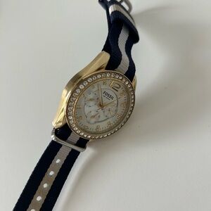 Fossil Gold Watch with Navy and White Striped Band